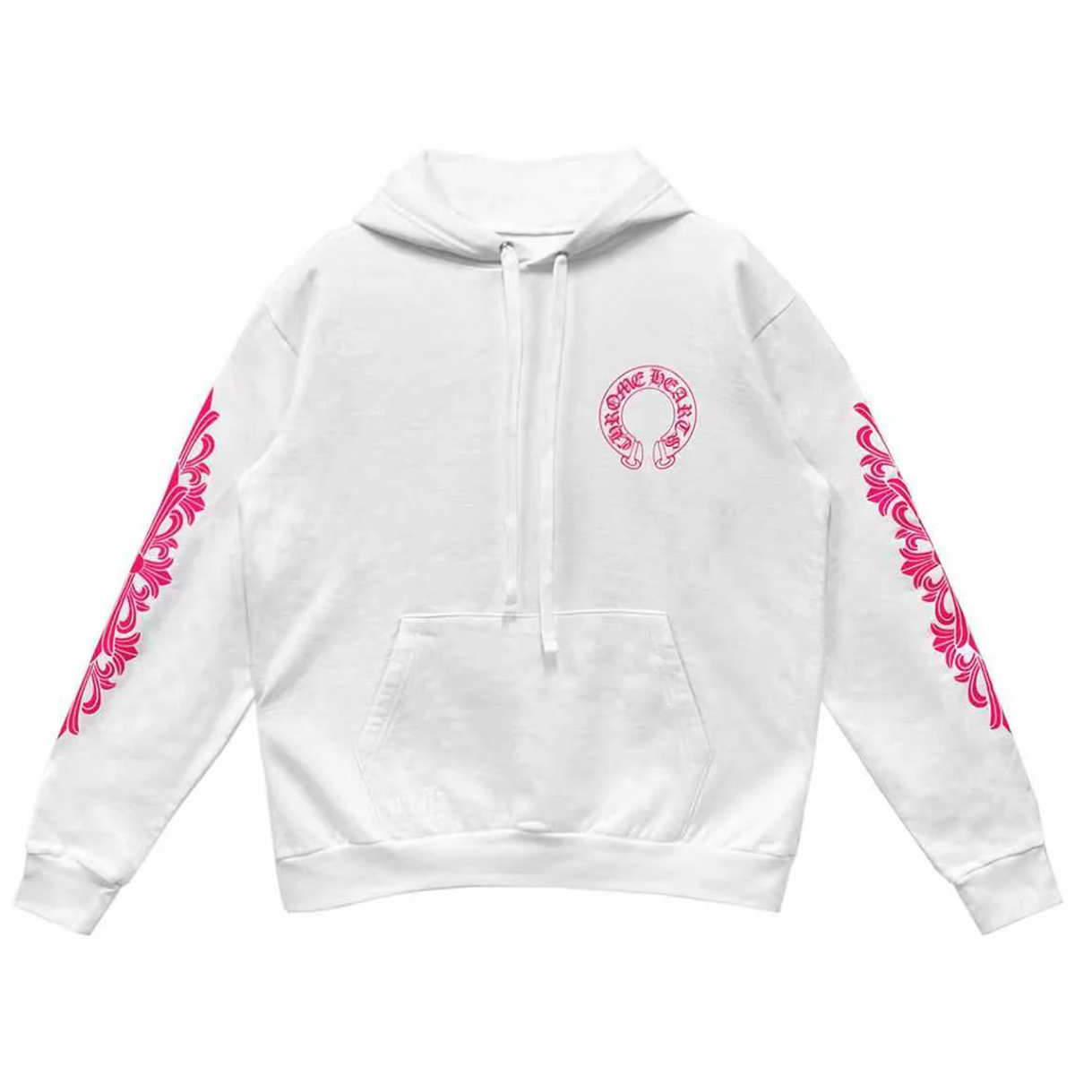 Chrome Hearts Pink Horseshoe Floral Sleeve Pullover Hoodie White