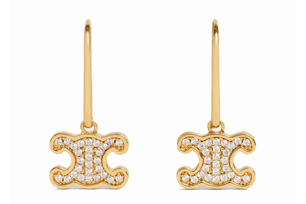 Celine Triomphe Rhinestone Earrings in Brass with Gold Finish and Crystals Gold