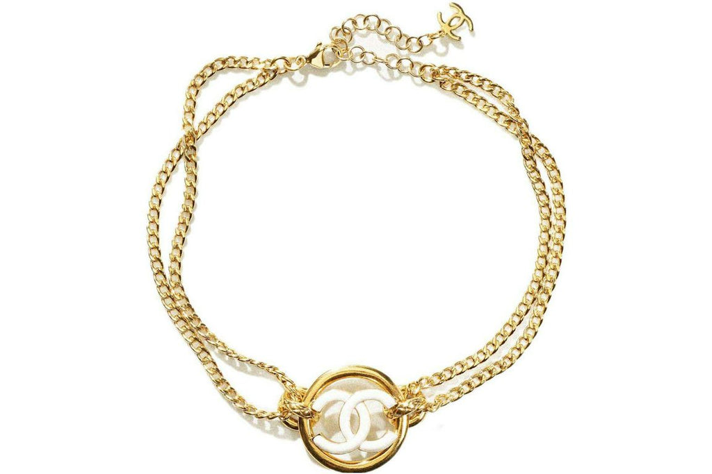 Chanel CC Logo Choker Necklace Gold/White (AB8355)