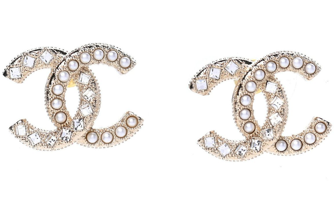 Chanel Crystal Pearl CC Earrings 0.5" Gold