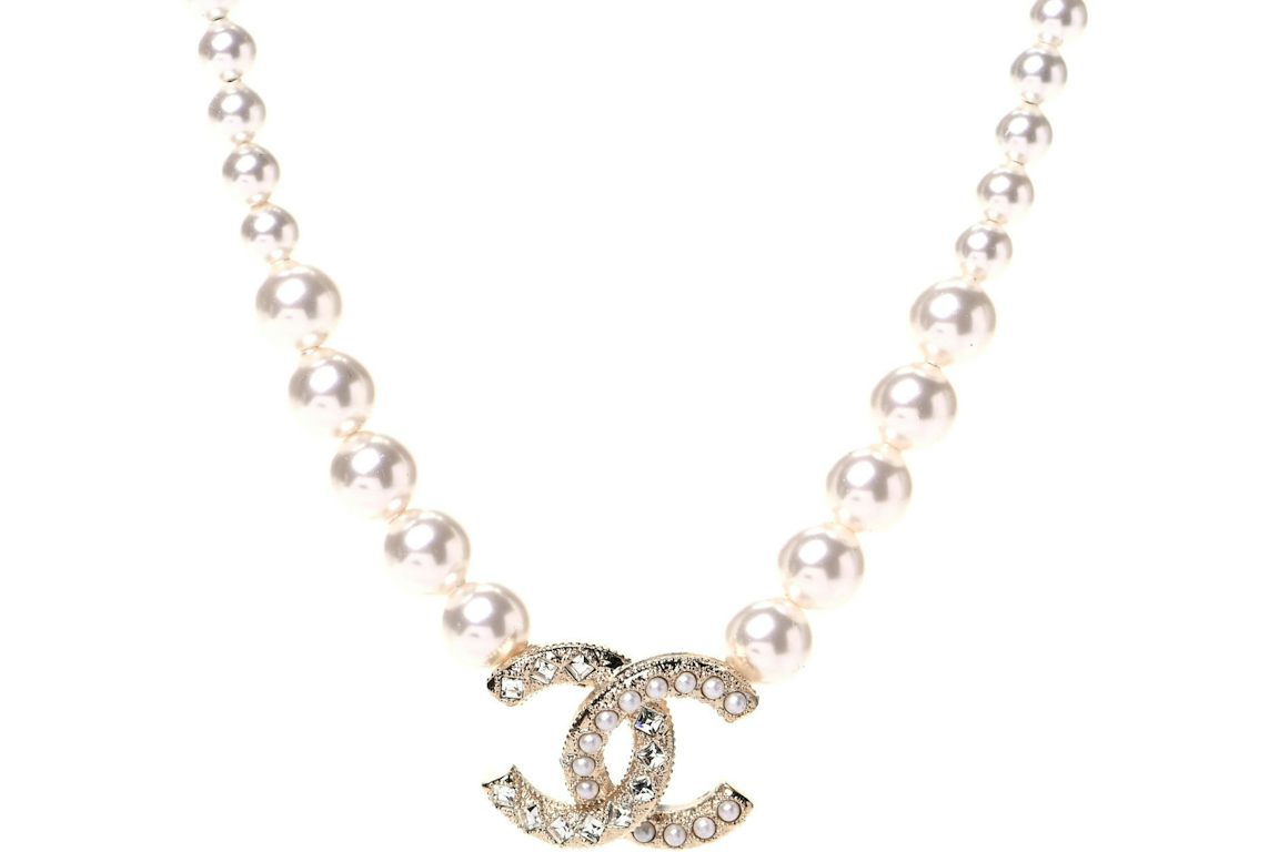 Chanel Pearl Crystal Chain CC Necklace Gold