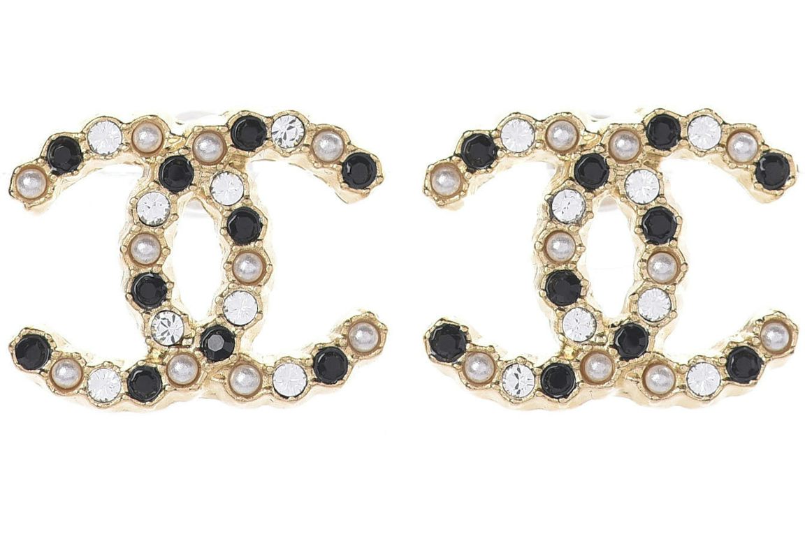 Chanel Resin Pearl Crystal CC Earrings Gold